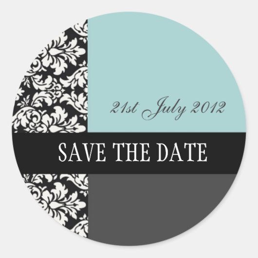 ブルーとブラックのダマスクのウェディングステッカー ラウンドシール (正面)