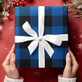 ブルーとブラックのバッファロー・チェックのクリスマス ラッピングペーパーシート