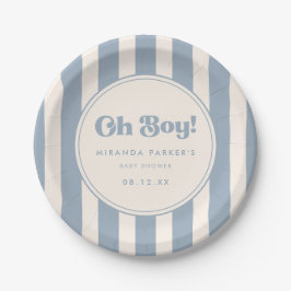 ブルーとベージュのシンプルな"Oh Boy!"ストライプのベビーシャワー ペーパープレート