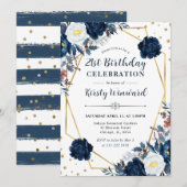 ブルーとホワイトのウィンター フラワーズ フレーム 誕生日 招待状 (正面/裏面)