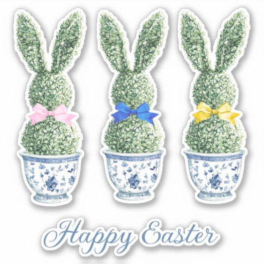 ブルーとホワイトのシノワズリーデザイン ウサギのトピアリー付き シール (正面)