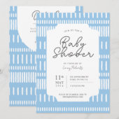 ブルーとホワイトのストライプ ペイント ストローク ベビー シャワー 招待状 (正面/裏面)