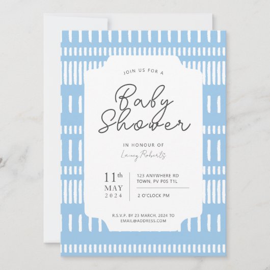 ブルーとホワイトのストライプ ペイント ストローク ベビー シャワー 招待状 (正面)