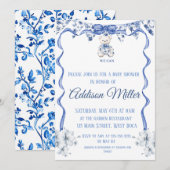 ブルーとホワイトのチャイナペイント、 待ち遠しいよ 招待状 (正面/裏面)