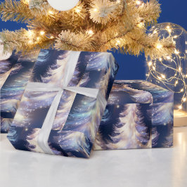 ブルーとホワイトのツリー モダンなクリスマス ラッピングペーパー