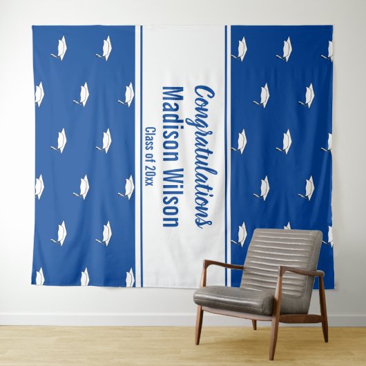 ブルーとホワイトのネーム 卒業おめでとう タペストリー (インサイチュ(横))