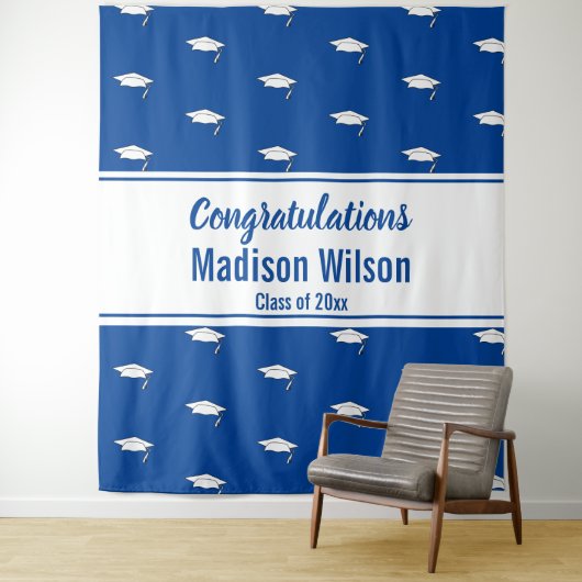 ブルーとホワイトのネーム 卒業おめでとう タペストリー (インサイチュ)
