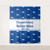 ブルーとホワイトのネーム 卒業おめでとう タペストリー (正面)