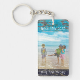 ブルーとホワイトのビーチ風ウッドフォトフレーム キーホルダー