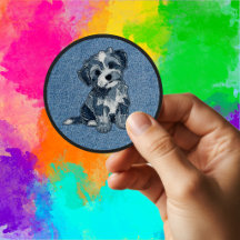 ブルーとホワイトのフェイクデニムのボロ犬のワッペン