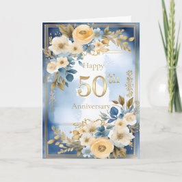ブルーとホワイトの水彩画 50周年結婚記念 カード