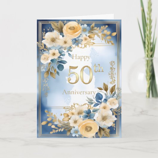ブルーとホワイトの水彩画 50周年結婚記念 カード (正面)