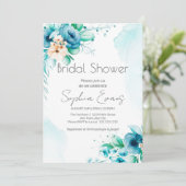 ブルーとホワイトの水彩花のブライズシャワー 招待状 (スタンド正面)