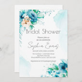 ブルーとホワイトの水彩花のブライズシャワー 招待状 (正面/裏面)