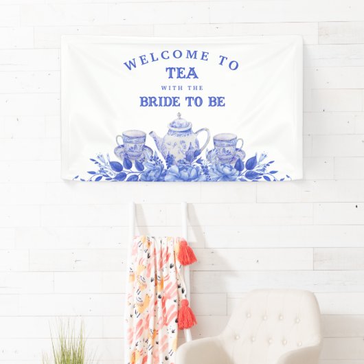 ブルーとホワイトの花柄のウェディングシャワーの歓迎 横断幕 (インサイチュ)