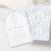 ブルーとホワイトの花柄のシノワズリーデザインのモノグラムのウェディングテーマ 招待状