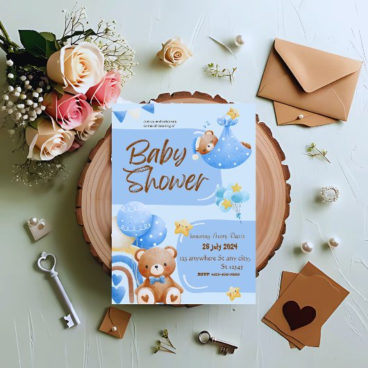 ブルーとホワイトの花柄の洗礼式招待状 招待状