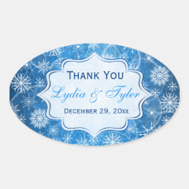 ブルーとホワイトの雪片結婚式の引き出物シール 楕円形シール