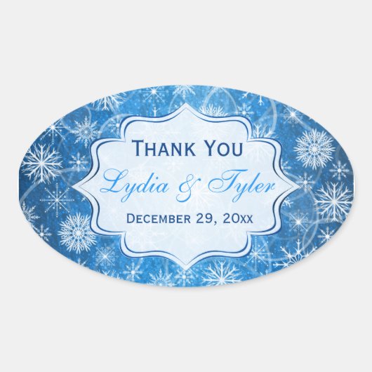 ブルーとホワイトの雪片結婚式の引き出物シール 楕円形シール (正面)