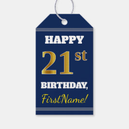 ブルーとメッキゴールドの21歳の誕生日 + 名前入れ可能デザイン ギフトタグ