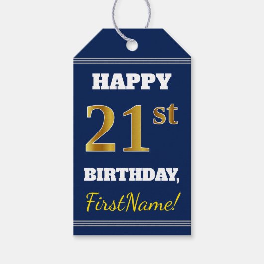 ブルーとメッキゴールドの21歳の誕生日 + 名前入れ可能デザイン ギフトタグ (正面)