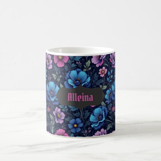 ブルーとモーヴの花柄 コーヒーマグカップ (中央)