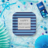 ブルーとライトブルーのストライプのハッピーバースデー ペーパープレート (パーティー)