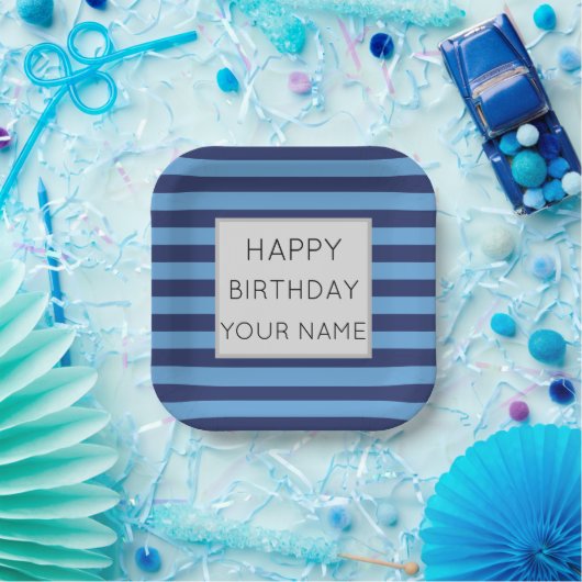 ブルーとライトブルーのストライプのハッピーバースデー ペーパープレート (パーティー)