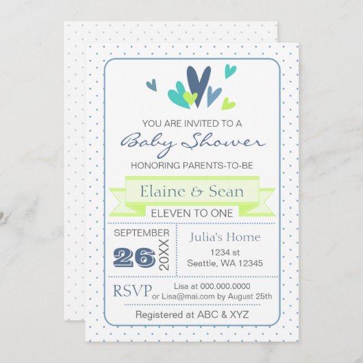 ブルーとライムハートブルーボーイズ赤ちゃんシャワー招待状 招待状 (正面/裏面)