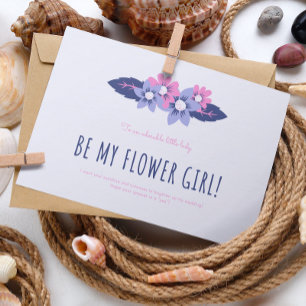 ブルーとラベンダー結婚のフラワーガールカード 招待状