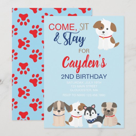 ブルーとレッドの子犬の誕生日パーティーの招待状 招待状 (正面/裏面)