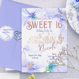 ブルーとローズゴールドのSweet 16ワイルドフラワーレターズ 箔招待状