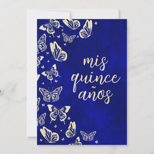 ブルーと王室の金ゴールドキンセアニラティアラバタフライ 招待状 (裏面)