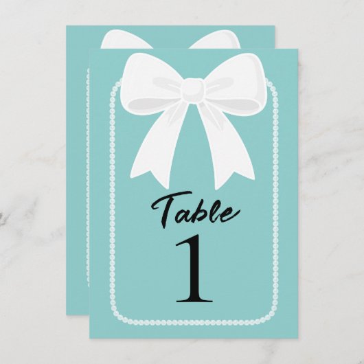 ブルーと真珠ホワイト弓コケットテーブル番号 招待状 (正面/裏面)