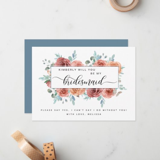 ブルーと赤面ピンクのフローラは私の花嫁カードになる ノートカード (正面/裏面インサイチュ)