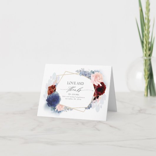 ブルーと赤面ブルゴーニュ結婚フラワーズサンキュー サンキューカード (正面)