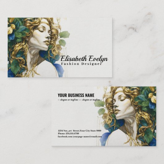 ブルーと金ゴールドのエメラルドの夢:シルエットの女性 名刺 (正面/裏面)