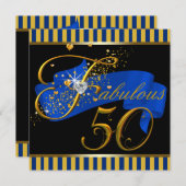 ブルーと金ゴールドの素晴らしい50th誕生日パーティー 招待状 (正面/裏面)