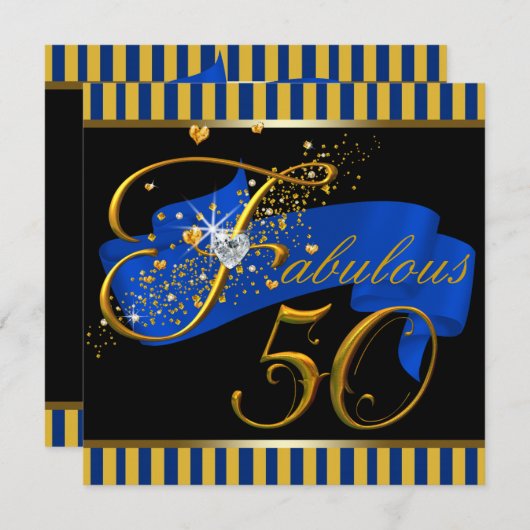ブルーと金ゴールドの素晴らしい50th誕生日パーティー 招待状 (正面/裏面)