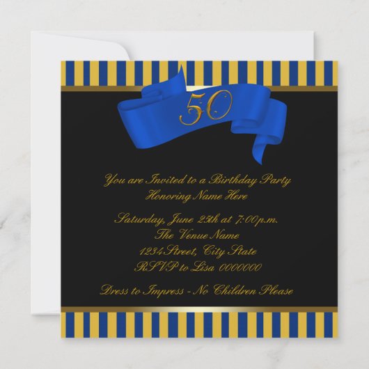 ブルーと金ゴールドの素晴らしい50th誕生日パーティー 招待状 (裏面)