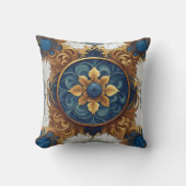 ブルーと金ゴールドの複雑なフローラデザイン クッション (正面)