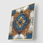 ブルーと金ゴールドの複雑なフローラデザイン スクエア壁時計 (傾斜)