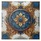 ブルーと金ゴールドの複雑なフローラデザイン タイル (正面)