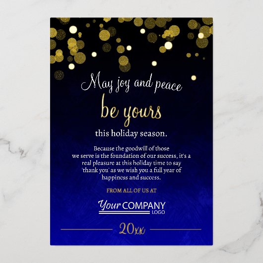 ブルーと金ゴールドの輝きライトカンパニークリスマス 箔シーズンカード (正面)