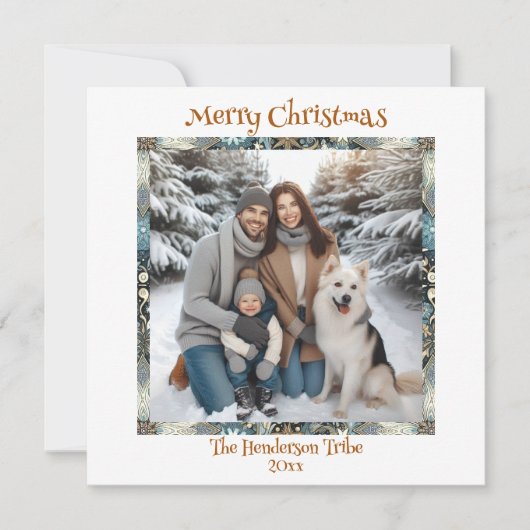 ブルーと金ゴールドの雪片ファミリーフォトクリスマス シーズンカード (正面)