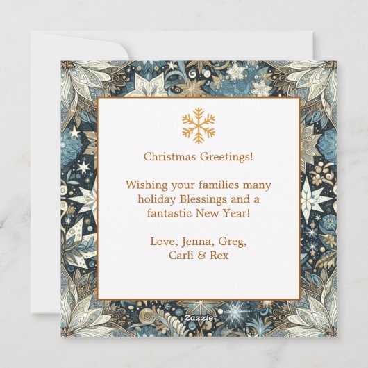 ブルーと金ゴールドの雪片ファミリーフォトクリスマス シーズンカード (裏面)