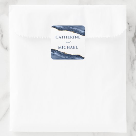 ブルーと金ゴールドアゲート縁ど結婚式の引き出物 スクエアシール (バッグ)