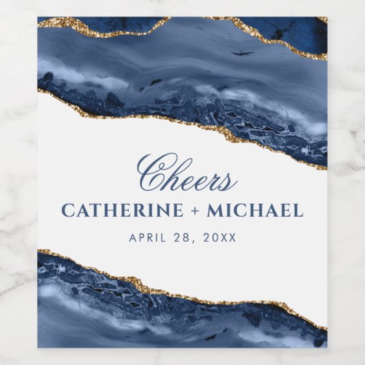 ブルーと金ゴールドアゲート縁ど結婚式の引き出物 ワインラベル (シングルラベル)