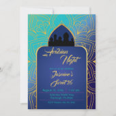 ブルーと金ゴールドアラビアンナイツモロッコ誕生日 招待状 (正面)