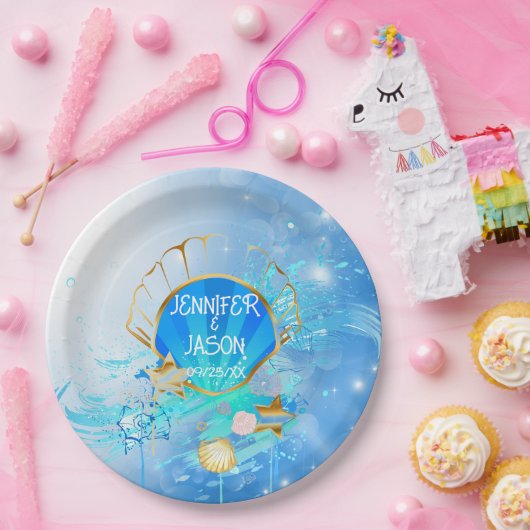 ブルーと金ゴールドアンダーザシーテーマ紙プレート ペーパープレート (パーティー)